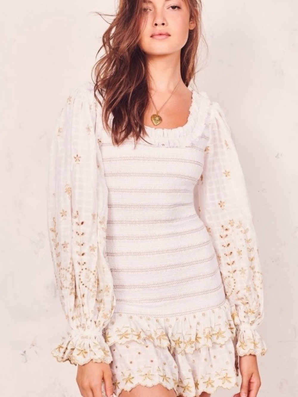 LoveShackFancy White Long-Sleeve Embroidered Puff-Sleeve Dress
